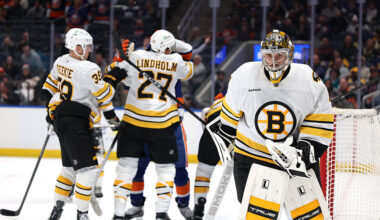 ELMONT, NEW YORK - NOVEMBER 04: Jeremy Swayman #1 of the Boston Bruins looks on against the New York Islanders during their game at UBS Arena on November 04, 2025 in Elmont, New York. (Photo by Al Bello/Getty Images)
