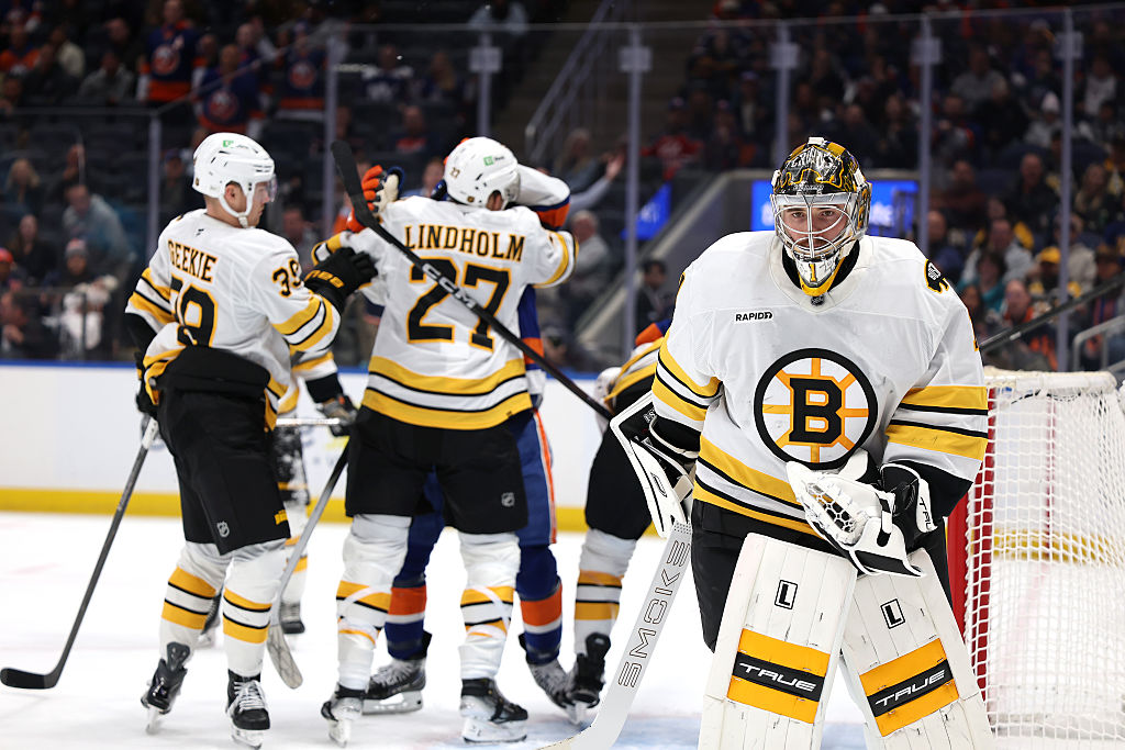 ELMONT, NEW YORK - NOVEMBER 04: Jeremy Swayman #1 of the Boston Bruins looks on against the New York Islanders during their game at UBS Arena on November 04, 2025 in Elmont, New York. (Photo by Al Bello/Getty Images)