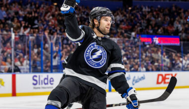 TAMPA, FL - NOVEMBER 8: Brandon Hagel #38 of the Tampa Bay Lightning celebrates a goal against the Washington Capitals at Benchmark International Arena on November 8, 2025 in Tampa, Florida. (Photo by Mark LoMoglio/NHLI via Getty Images)