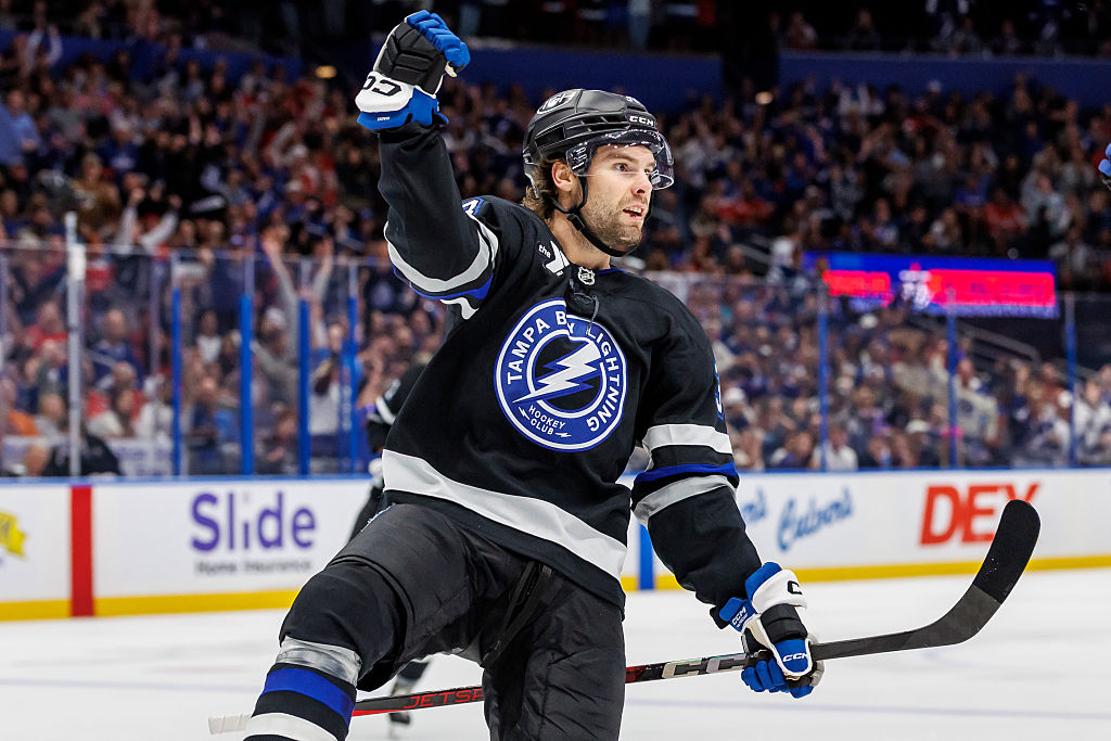TAMPA, FL - NOVEMBER 8: Brandon Hagel #38 of the Tampa Bay Lightning celebrates a goal against the Washington Capitals at Benchmark International Arena on November 8, 2025 in Tampa, Florida. (Photo by Mark LoMoglio/NHLI via Getty Images)