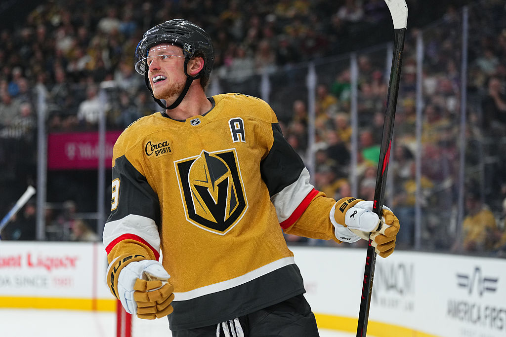 LAS VEGAS, NEVADA - NOVEMBER 06: Jack Eichel #9 of the Vegas Golden Knights reacts during the first period against the Tampa Bay Lightning at T-Mobile Arena on November 06, 2025 in Las Vegas, Nevada. (Photo by Jeff Bottari/NHLI via Getty Images)