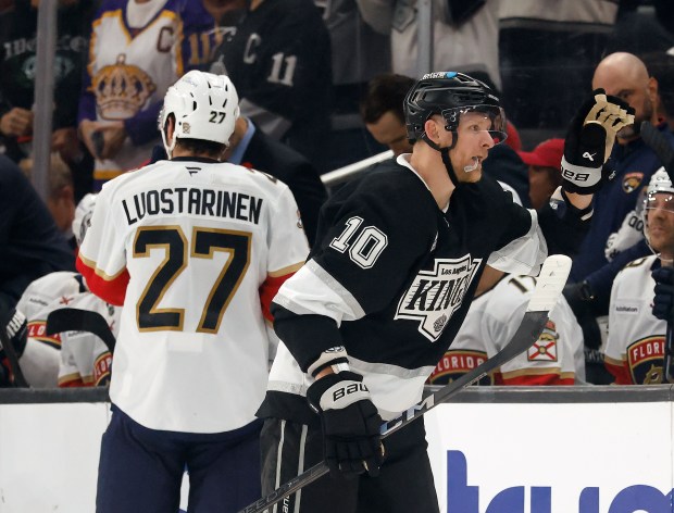 Kings forward Corey Perry, right, celebrates his goal during the...