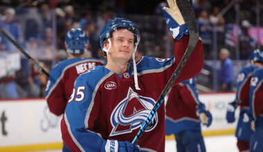 DENVER, COLORADO - NOVEMBER 11: Victor Olofsson #95 of the Colorado Avalanche waves to the crowd following their 4 -1 victory over the Anaheim Ducks at Ball Arena on November 11, 2025 in Denver, Colorado. (Photo by Michael Martin/NHLI via Getty Images)