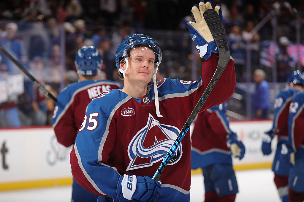 DENVER, COLORADO - NOVEMBER 11: Victor Olofsson #95 of the Colorado Avalanche waves to the crowd following their 4 -1 victory over the Anaheim Ducks at Ball Arena on November 11, 2025 in Denver, Colorado. (Photo by Michael Martin/NHLI via Getty Images)