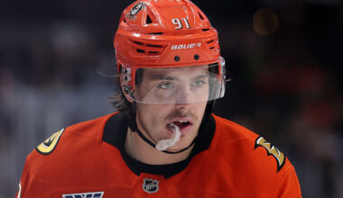 ANAHEIM, CALIFORNIA - NOVEMBER 09: Leo Carlsson #91 of the Anaheim Ducks looks on against the Winnipeg Jets at Honda Center on November 09, 2025 in Anaheim, California. (Photo by Luke Hales/Getty Images)