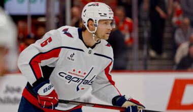 SUNRISE, FL - NOVEMBER 13: Washington Capitals defenseman Jakob Chychrun (6) looks on in the first period during a NHL game between the Washington Capitals and the Florida Panthers on November 13, 2025 at Amerant Bank Arena in Sunrise, FL.(Photo by Chris Arjoon/Icon Sportswire via Getty Images)