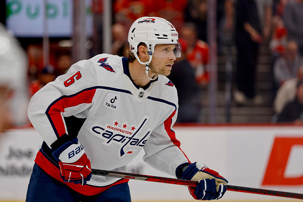 SUNRISE, FL - NOVEMBER 13: Washington Capitals defenseman Jakob Chychrun (6) looks on in the first period during a NHL game between the Washington Capitals and the Florida Panthers on November 13, 2025 at Amerant Bank Arena in Sunrise, FL.(Photo by Chris Arjoon/Icon Sportswire via Getty Images)