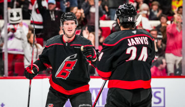 RALEIGH, NORTH CAROLINA - NOVEMBER 14: Andrei Svechnikov #37 of the Carolina Hurricanes celebrates with Seth Jarvis #24 after scoring a goal during the first period against the Vancouver Canucks at Lenovo Center on November 14, 2025 in Raleigh, North Carolina. (Photo by Josh Lavallee/NHLI via Getty Images)