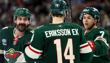 ST PAUL, MINNESOTA - NOVEMBER 15: Jake Middleton #5, Joel Eriksson Ek #14 and Brock Faber #7 of the Minnesota Wild react after their team scored in the third period against the Anaheim Ducks at Grand Casino Arena on November 15, 2025 in St Paul, Minnesota. (Photo by Ellen Schmidt/Getty Images)