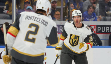 ST LOUIS, MISSOURI - NOVEMBER 15: Noah Hanifin #15 of the Vegas Golden Knights celebrates after scoring a goal against the St. Louis Blues during the second period at Enterprise Center on November 15, 2025 in St Louis, Missouri. (Photo by Dilip Vishwanat/Getty Images)