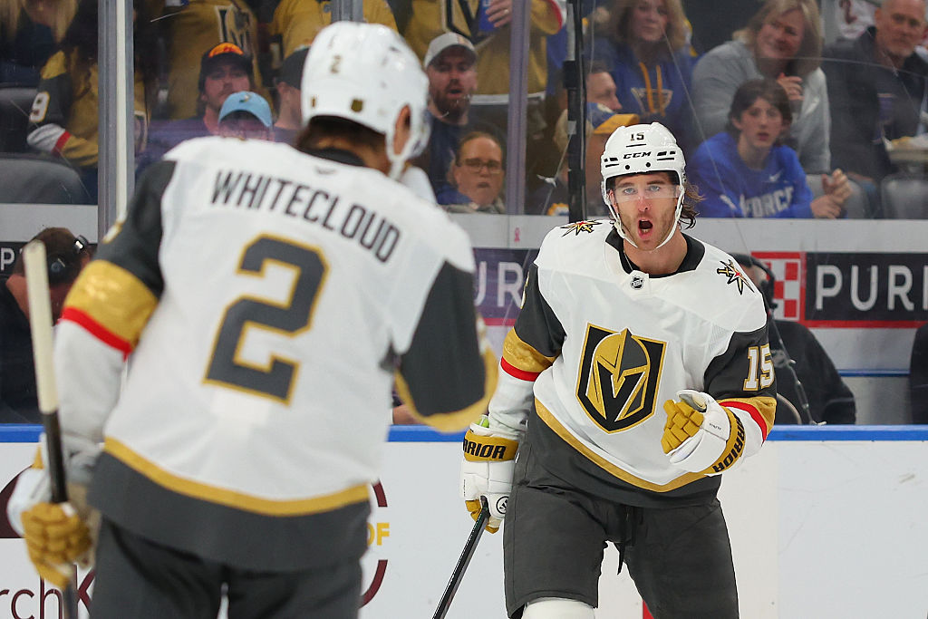 ST LOUIS, MISSOURI - NOVEMBER 15: Noah Hanifin #15 of the Vegas Golden Knights celebrates after scoring a goal against the St. Louis Blues during the second period at Enterprise Center on November 15, 2025 in St Louis, Missouri. (Photo by Dilip Vishwanat/Getty Images)