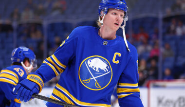 BUFFALO, NEW YORK - NOVEMBER 17: Rasmus Dahlin #26 of the Buffalo Sabres warms up prior to an NHL game against the Edmonton Oilers on November 17, 2025 at KeyBank Center in Buffalo, New York. (Photo by Bill Wippert/NHLI via Getty Images)