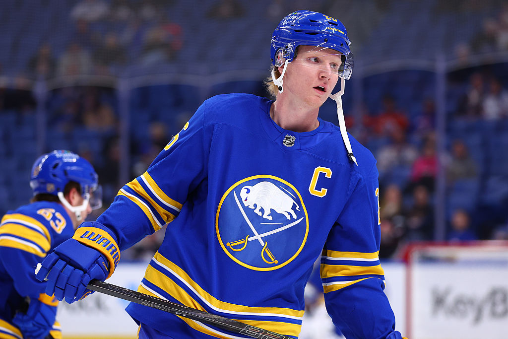 BUFFALO, NEW YORK - NOVEMBER 17: Rasmus Dahlin #26 of the Buffalo Sabres warms up prior to an NHL game against the Edmonton Oilers on November 17, 2025 at KeyBank Center in Buffalo, New York. (Photo by Bill Wippert/NHLI via Getty Images)