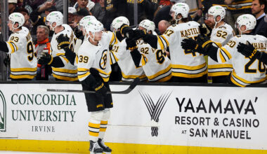 ANAHEIM, CA - NOVEMBER 19: Morgan Geekie #39 of the Boston Bruins celebrates his goal with teammates during the third period against the Anaheim Ducks at Honda Center on November 19, 2025 in Anaheim, California. (Photo by Debora Robinson/NHLI via Getty Images)