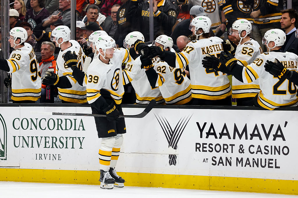 ANAHEIM, CA - NOVEMBER 19: Morgan Geekie #39 of the Boston Bruins celebrates his goal with teammates during the third period against the Anaheim Ducks at Honda Center on November 19, 2025 in Anaheim, California. (Photo by Debora Robinson/NHLI via Getty Images)