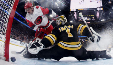 BOSTON, MASSACHUSETTS - NOVEMBER 17: Jeremy Swayman #1 of the Boston Bruins saves a shot on goal from Seth Jarvis #24 of the Carolina Hurricanes at TD Garden on November 17, 2025 in Boston, Massachusetts. The Hurricanes defeat the Bruins 3-0. (Photo by Maddie Meyer/Getty Images)