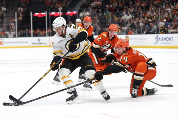 The Boston Bruins’ David Pastrnak, left, controls the puck as...