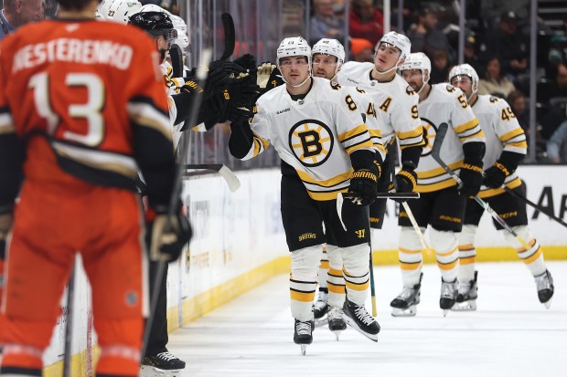 The Boston Bruins’ Michael Eyssimont is congratulated at the bench...