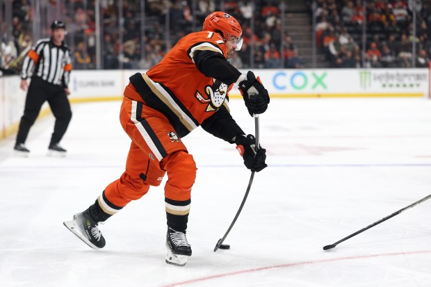 The Ducks’ Alex Killorn shoots the puck during the second...