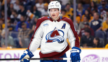 NASHVILLE, TENNESSEE - NOVEMBER 22: Cale Makar #8 of the Colorado Avalanche reacts after a play during the first period of the game against the Nashville Predators at Bridgestone Arena on November 22, 2025 in Nashville, Tennessee. (Photo by Johnnie Izquierdo/Getty Images)