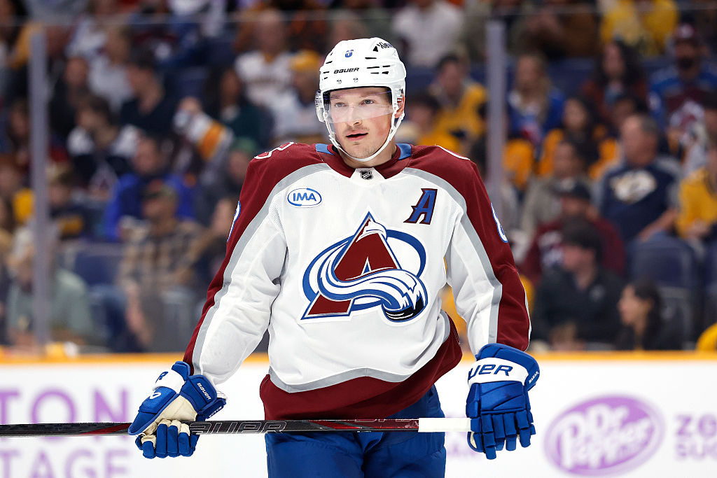 NASHVILLE, TENNESSEE - NOVEMBER 22: Cale Makar #8 of the Colorado Avalanche reacts after a play during the first period of the game against the Nashville Predators at Bridgestone Arena on November 22, 2025 in Nashville, Tennessee. (Photo by Johnnie Izquierdo/Getty Images)