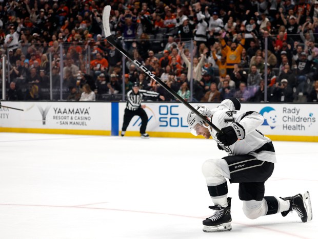 The Kings’ Alex Laferriere celebrates his goal during the first...