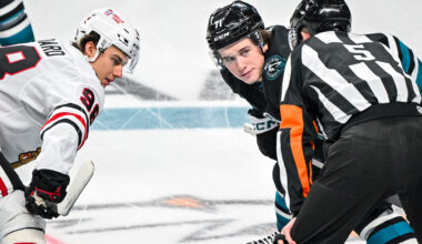 San Jose Sharks forward Macklin Celebrini and Chicago Blackhawks forward Connor Bedard