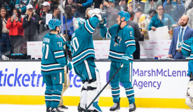 San Jose Sharks players celebrate after a win