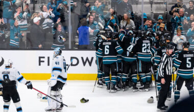 San Jose Sharks celebrate their win over the Utah Mammoth