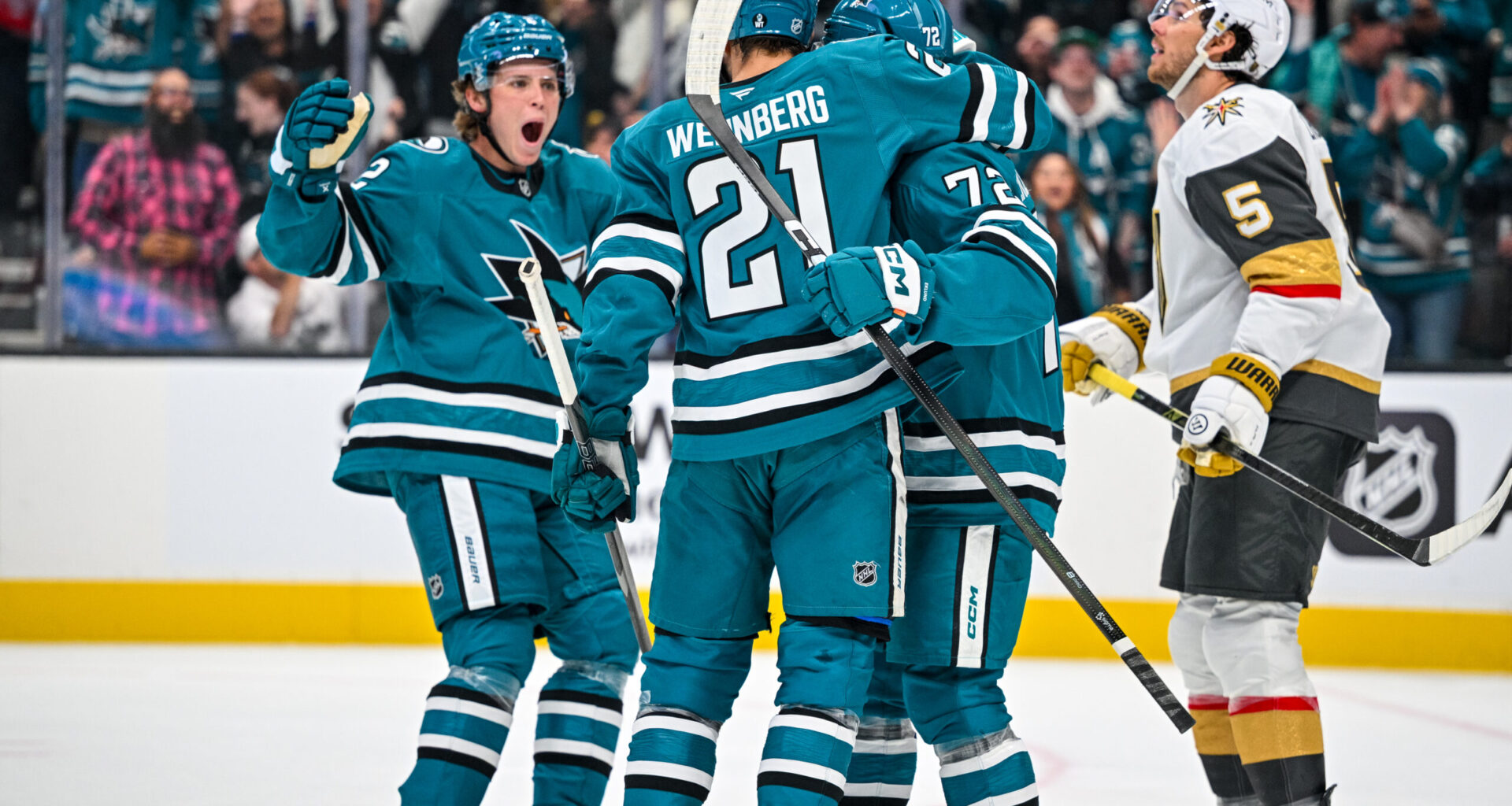 San Jose Sharks celebrate a goal against the Vegas Golden Knights
