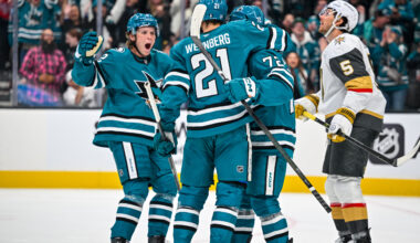 San Jose Sharks celebrate a goal against the Vegas Golden Knights