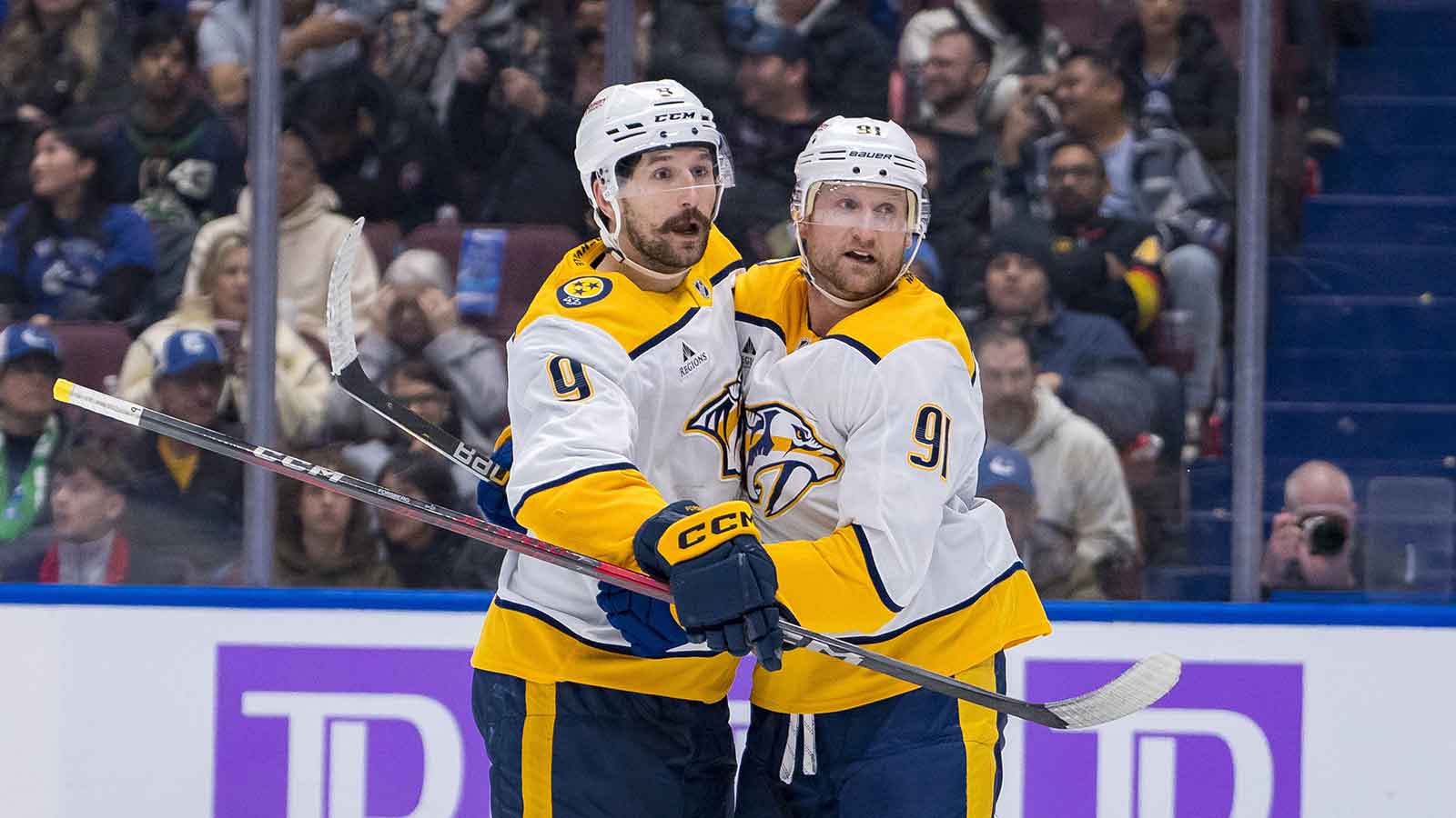 Nashville Predators center Steven Stamkos (91) skates with the puck against the New York Rangers during the third period at Madison Square Garden.