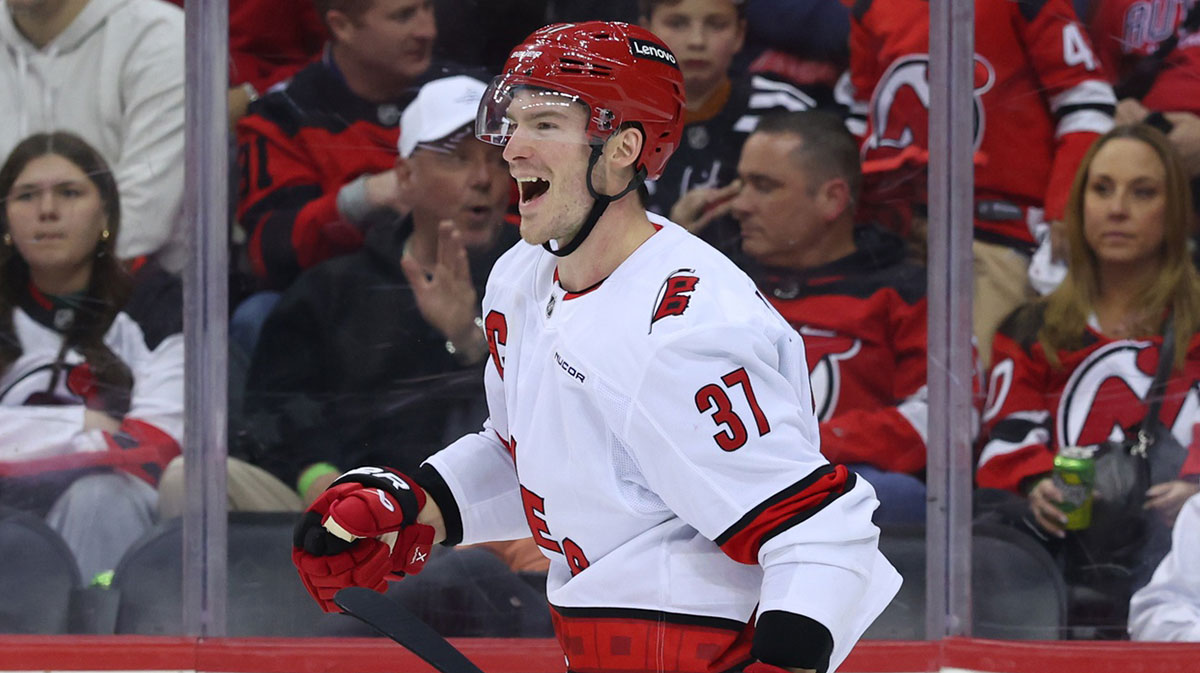 Carolina Hurricanes right wing Andrei Svechnikov (37) celebrates his goal against the New Jersey Devils during the third period in game four of the first round of the 2025 Stanley Cup Playoffs at Prudential Center.