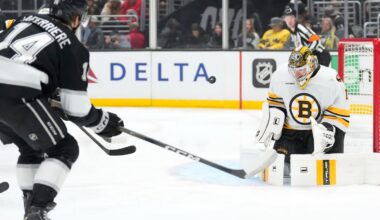 Jeremy Swayman made 31 saves to backstop a 2-1 overtime win over the Kings on Friday night.