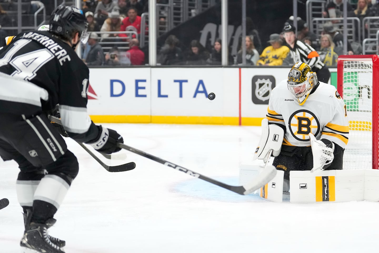 Jeremy Swayman made 31 saves to backstop a 2-1 overtime win over the Kings on Friday night.