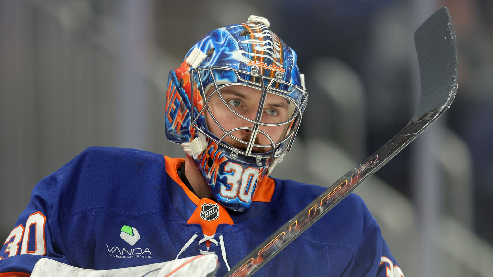 New York Islanders defenseman Matthew Schaefer (48) skates with the puck against the Boston Bruins during the first period at UBS Arena.