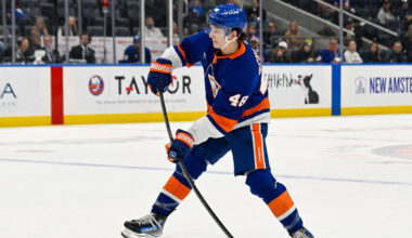 New York Islanders defenseman Matthew Schaefer (48) during the second period against the San Jose Sharks at UBS Arena.