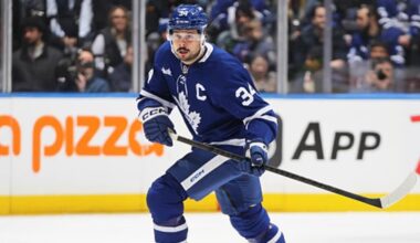Toronto Maple Leafs’ Auston Matthews heads to locker room in second period vs. Bruns