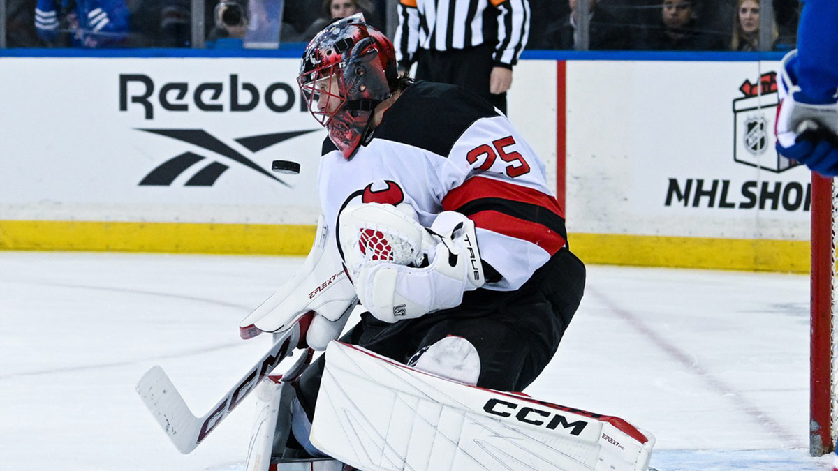 New Jersey Devils goaltender Jacob Markstrom (25) makes a save against the New York Rangers during the second period at Madison Square Garden.