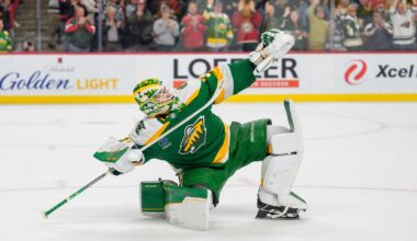 Minnesota Wild goaltender Filip Gustavsson (32) defends his net against the Vegas Golden Knights during the first period at Grand Casino Arena.