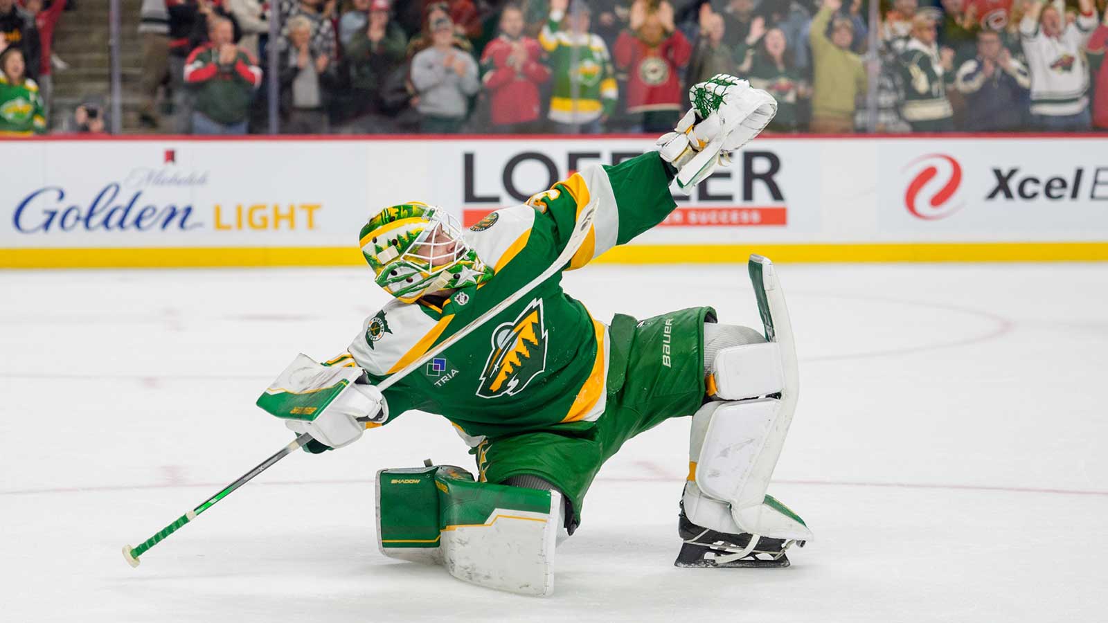 Minnesota Wild goaltender Filip Gustavsson (32) defends his net against the Vegas Golden Knights during the first period at Grand Casino Arena.