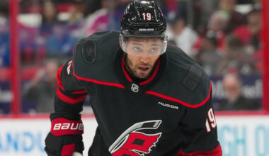 Adrian Kempe, Leo Carlsson, Leon Draisaitl and Nazem Kadri on one side, Sidney Crosby, Cole Caufield, Brad Marchand and Jake Guentzel on other side, NHL logo in middle, hockey rink in background