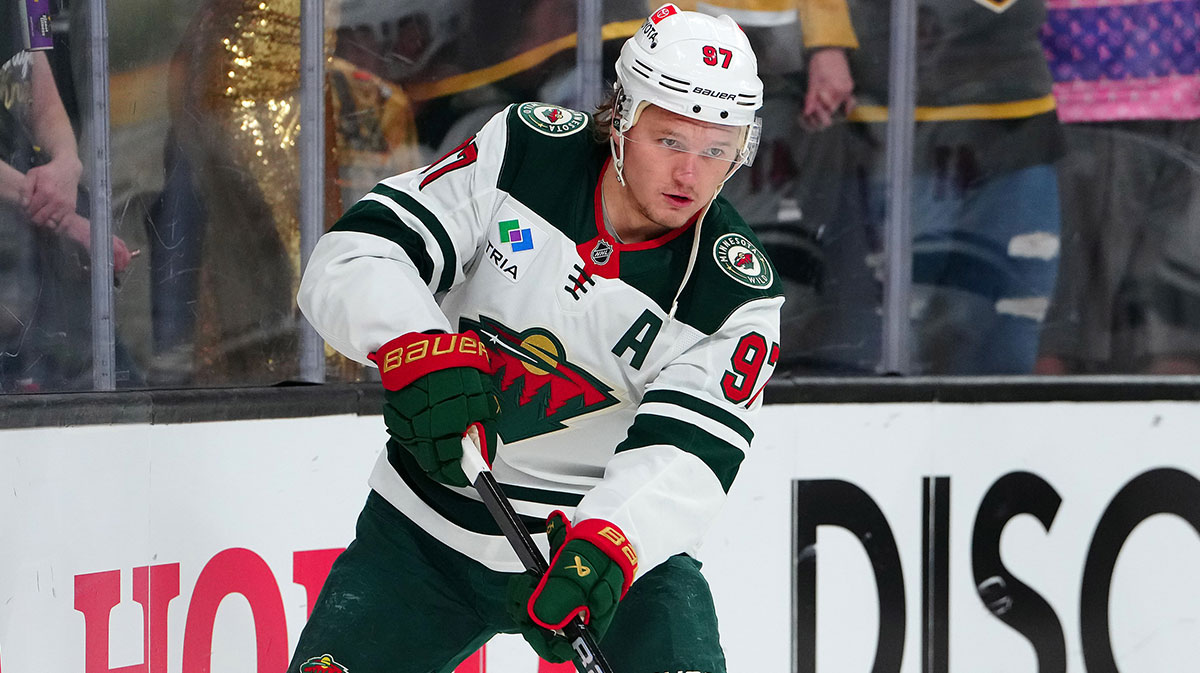 Las Vegas, Nevada, USA; Minnesota Wild left wing Kirill Kaprizov (97) warms up before the start of game five of the first round of the 2025 Stanley Cup Playoffs against the Vegas Golden Knights at T-Mobile Arena.