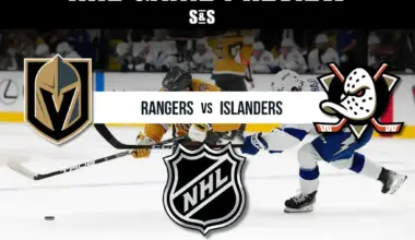 NHL game preview featuring logos of Vegas Golden Knights, Rangers, and Islanders, with players engaged in an intense action-filled moment.