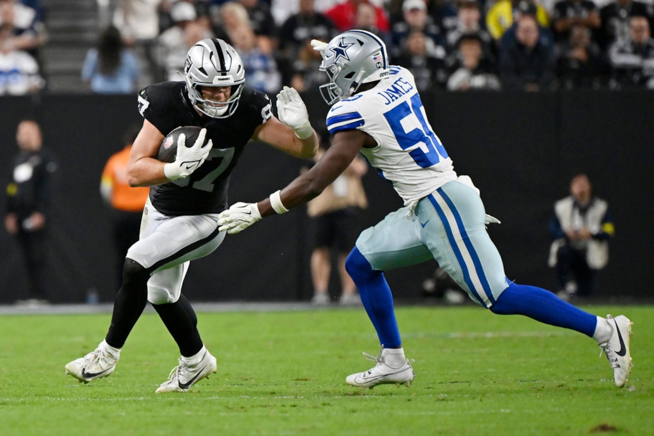 Dallas Cowboys linebacker Shemar James moves in to tackle Las Vegas Raiders tight end Michael Mayer during an NFL game on Monday, Nov. 17, 2025, at Allegiant Stadium in Las Vegas, Nev.