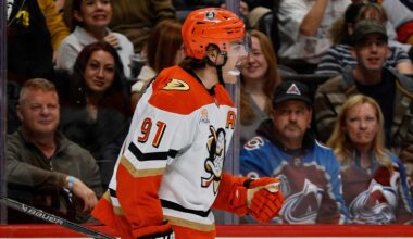 Anaheim Ducks left wing Cutter Gauthier (61) skates during the warmup period against the Calgary Flames at Scotiabank Saddledome.