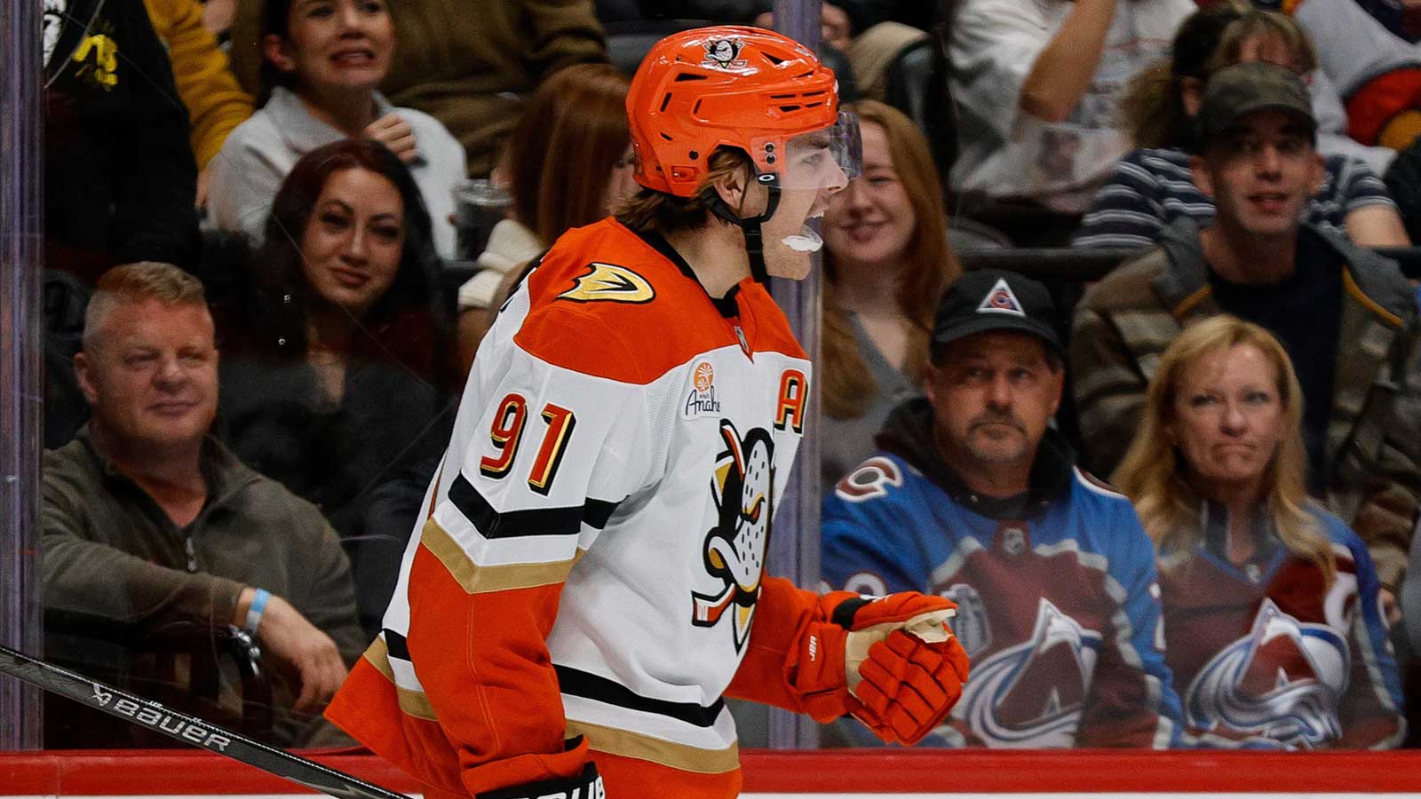 Anaheim Ducks left wing Cutter Gauthier (61) skates during the warmup period against the Calgary Flames at Scotiabank Saddledome.
