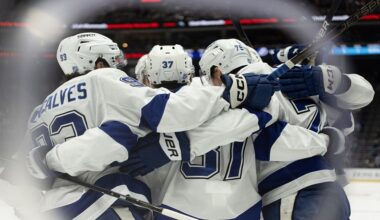 Tampa Bay Lightning players celebrate after a goal against the Utah Mammoth during the first period of an NHL hockey game Sunday, Nov. 2, 2025, in Salt Lake City. (AP Photo/Melissa Majchrzak)