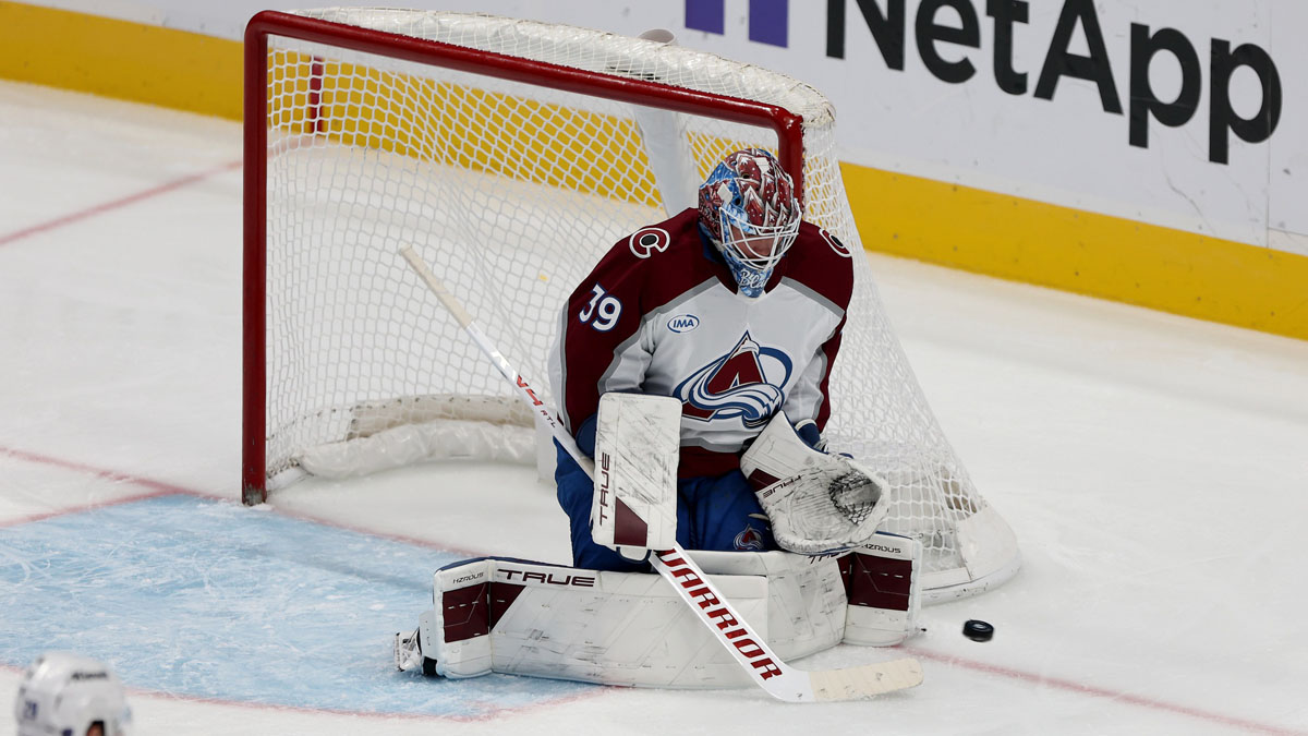 Colorado Avalanche goaltender Mackenzie Blackwood (39) makes a save against the San Jose Sharks during the third period at SAP Center at San Jose.