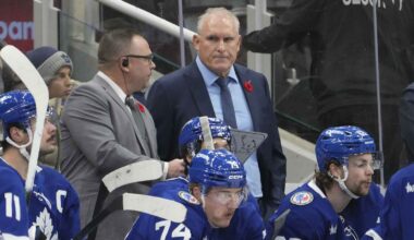 Toronto Maple Leafs center John Tavares (91) skates with the puck on net against the Utah Mammoth during the third period at Scotiabank Arena.